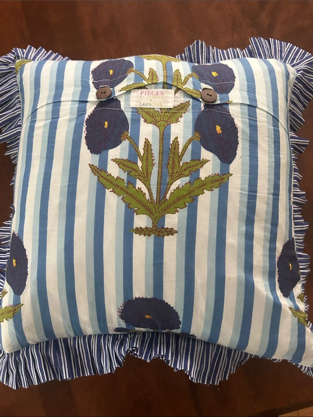 Blue Striped Floral Ruffle Throw Pillow
